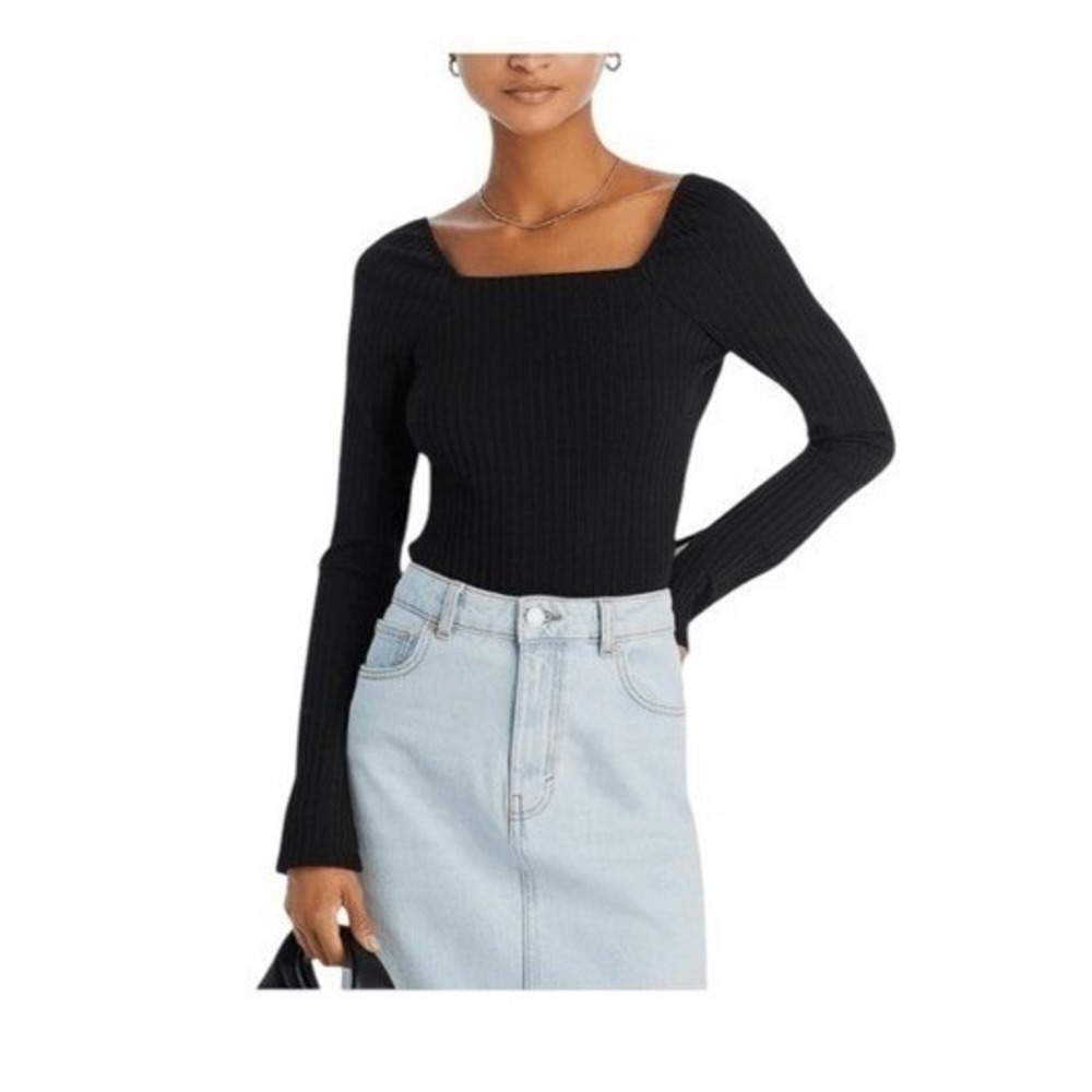 Madewell Ribbed Square Neck Top Black Knit Long Sleeve Split Cuffs Pull-Over XS
